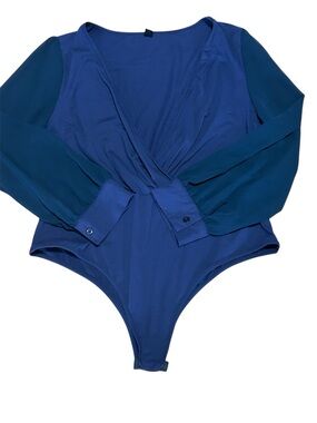 SHEIN Blue Wrap Front Green Sheer Long-Sleeve Bodysuit Size 4XL/US 18 EUC